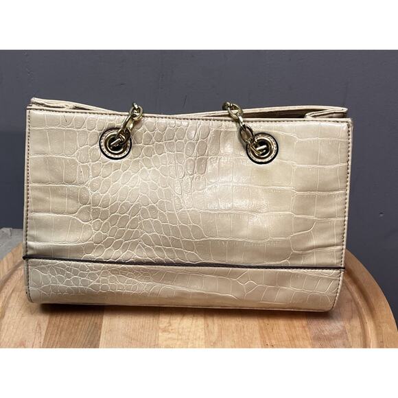 Anne Klein Coast Is Clear Purse Shoulderbag Tote Handbag Tan Cream Gold Chain - Picture 2 of 12